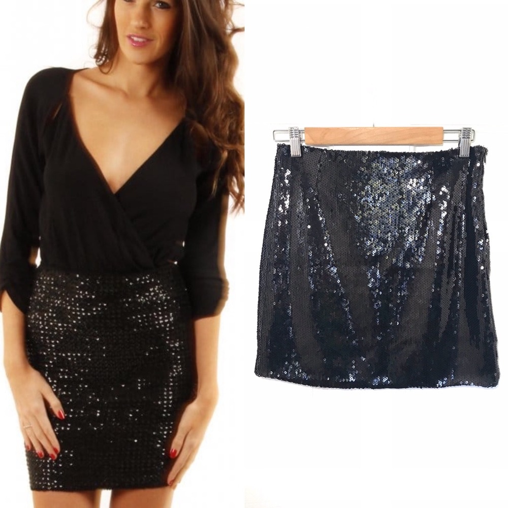 LF Call Me Eden black sequin mini skirt NWT